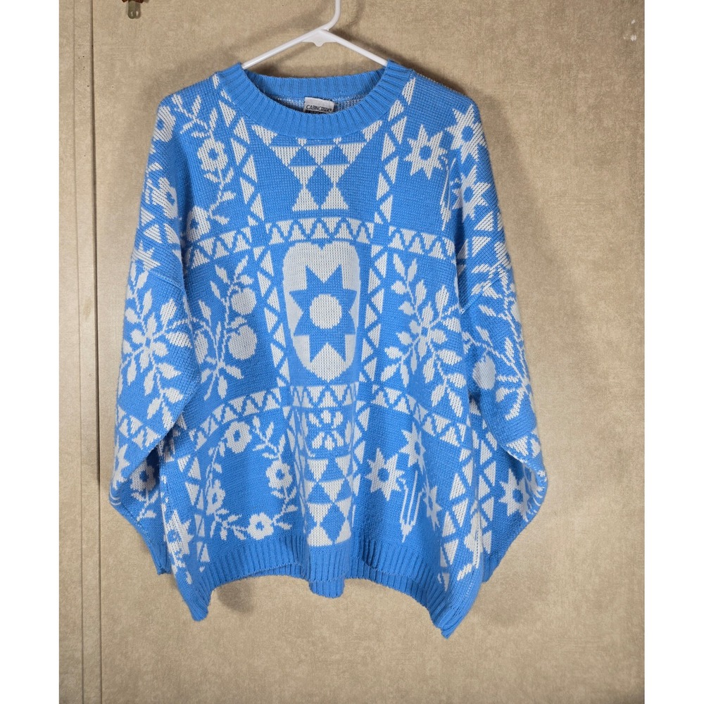 Cabin Creek Woman Vintage Blue White Folk Art Heart Star Intarsia Knit Sweater